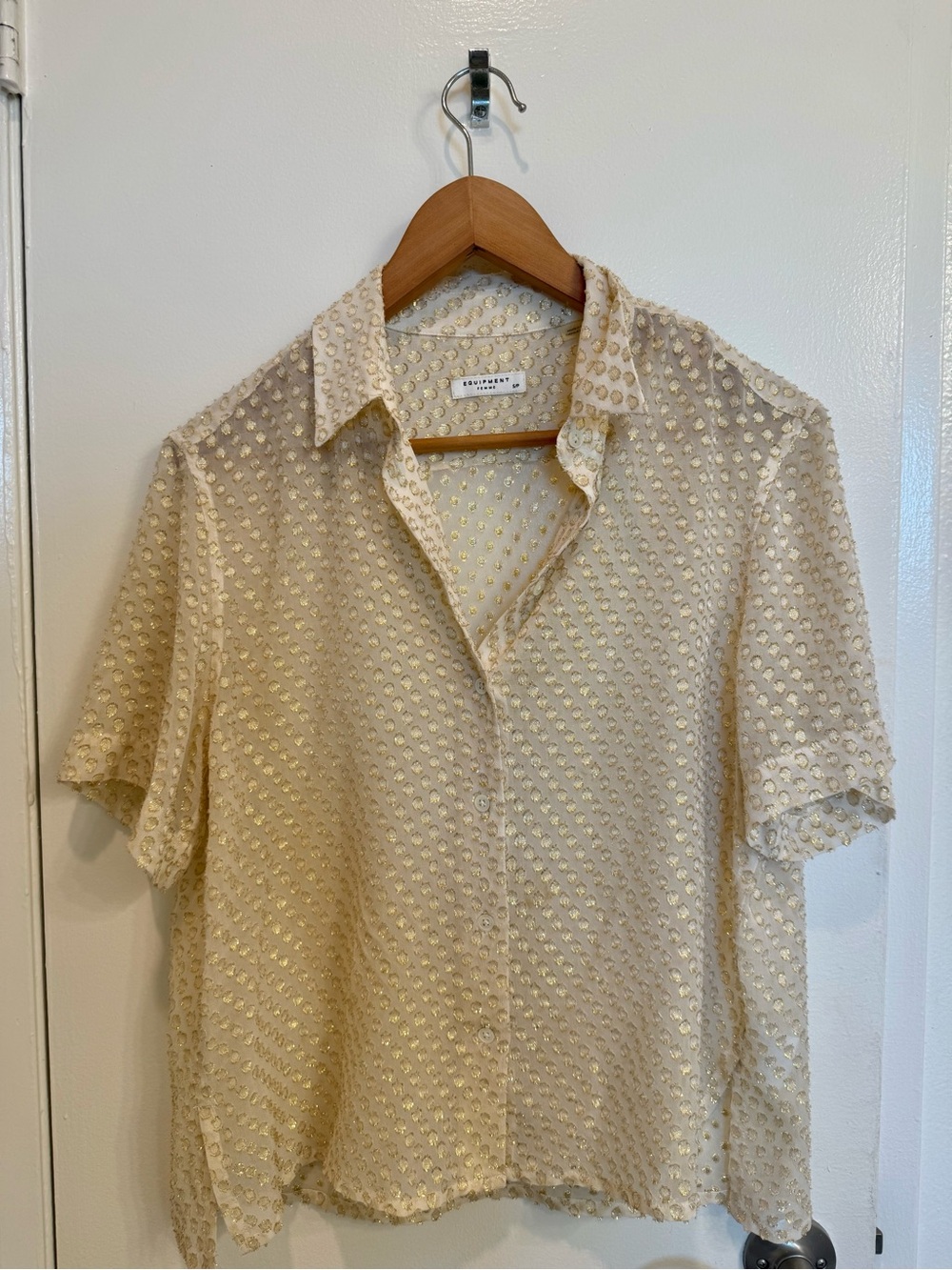 Equipment Short Sleeve Gold Polka Dot Blouse Top Button Up Ivory Silk S